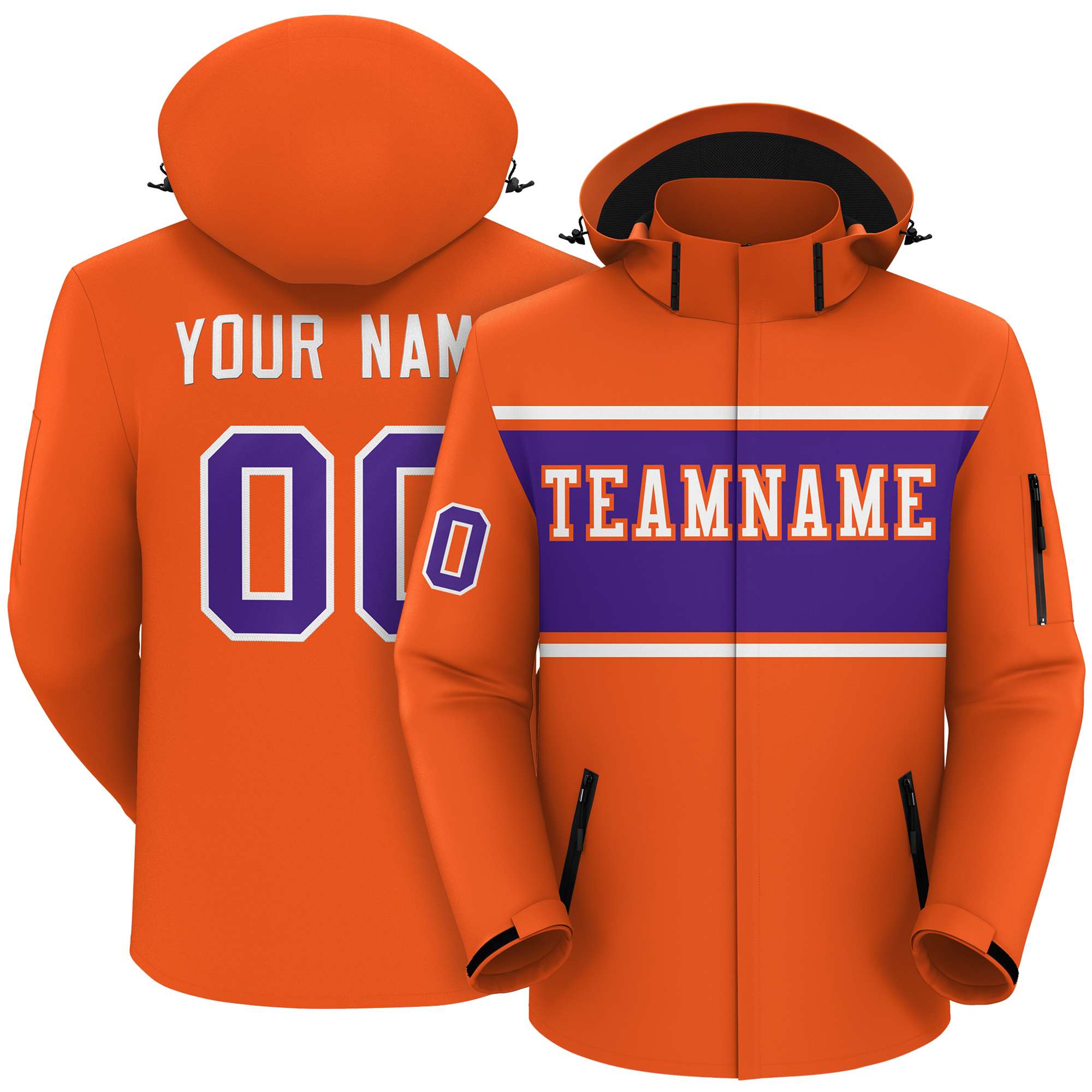 Custom Orange White-Purple Color Block Personalized Outdoor Hooded Waterproof Jacket