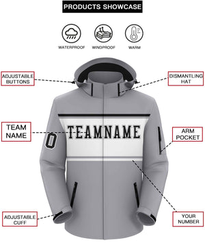 Custom Gray Black-White Color Block Personalized Outdoor Hooded Waterproof Jacket