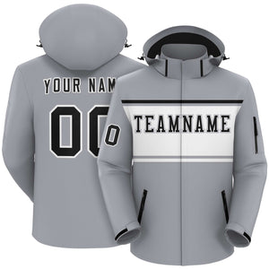 Custom Gray Black-White Color Block Personalized Outdoor Hooded Waterproof Jacket