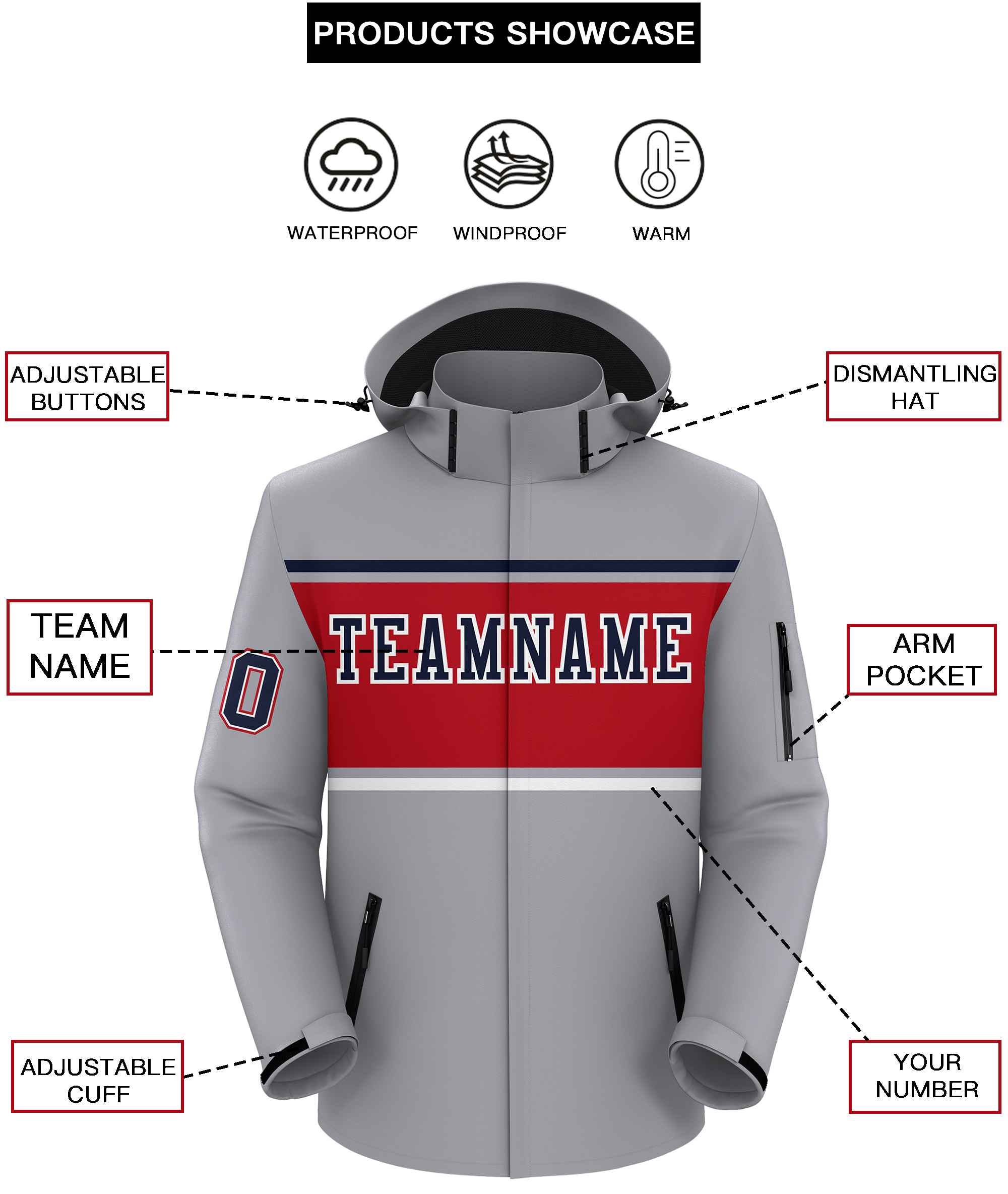 Custom Gray Navy-Red Color Block Personalized Outdoor Hooded Waterproof Jacket