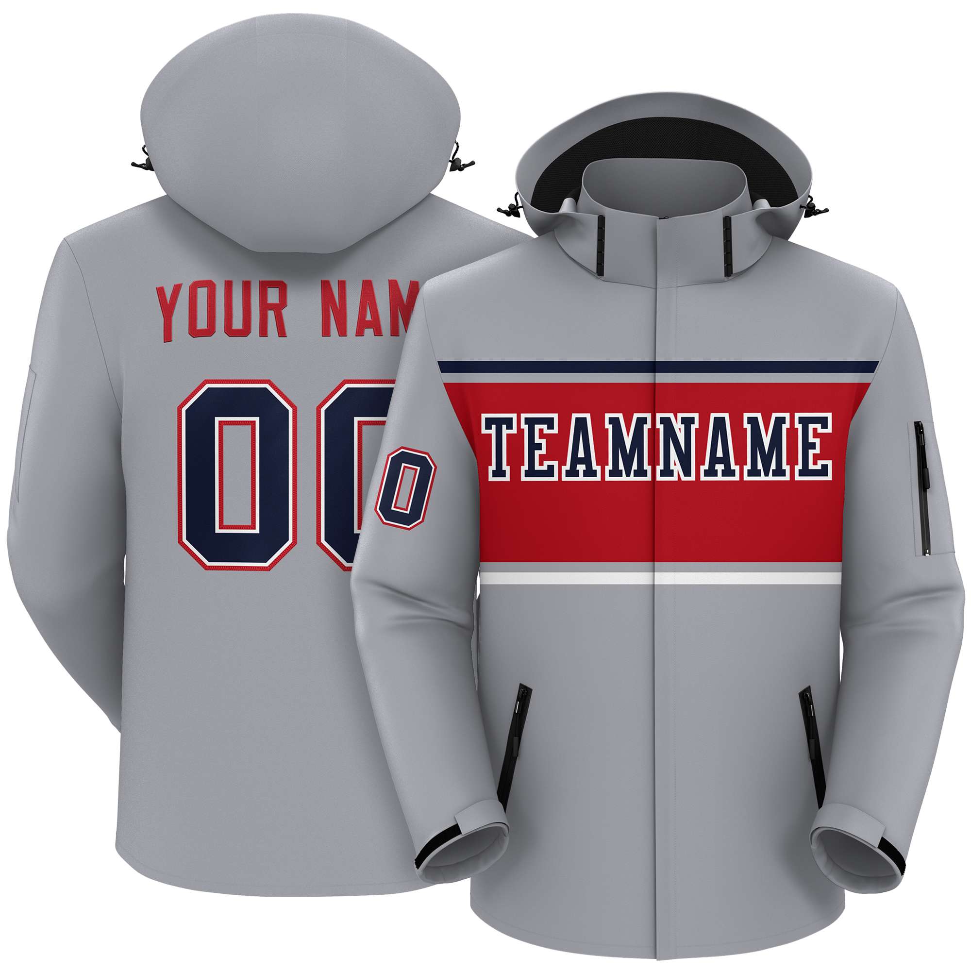 Custom Gray Navy-Red Color Block Personalized Outdoor Hooded Waterproof Jacket