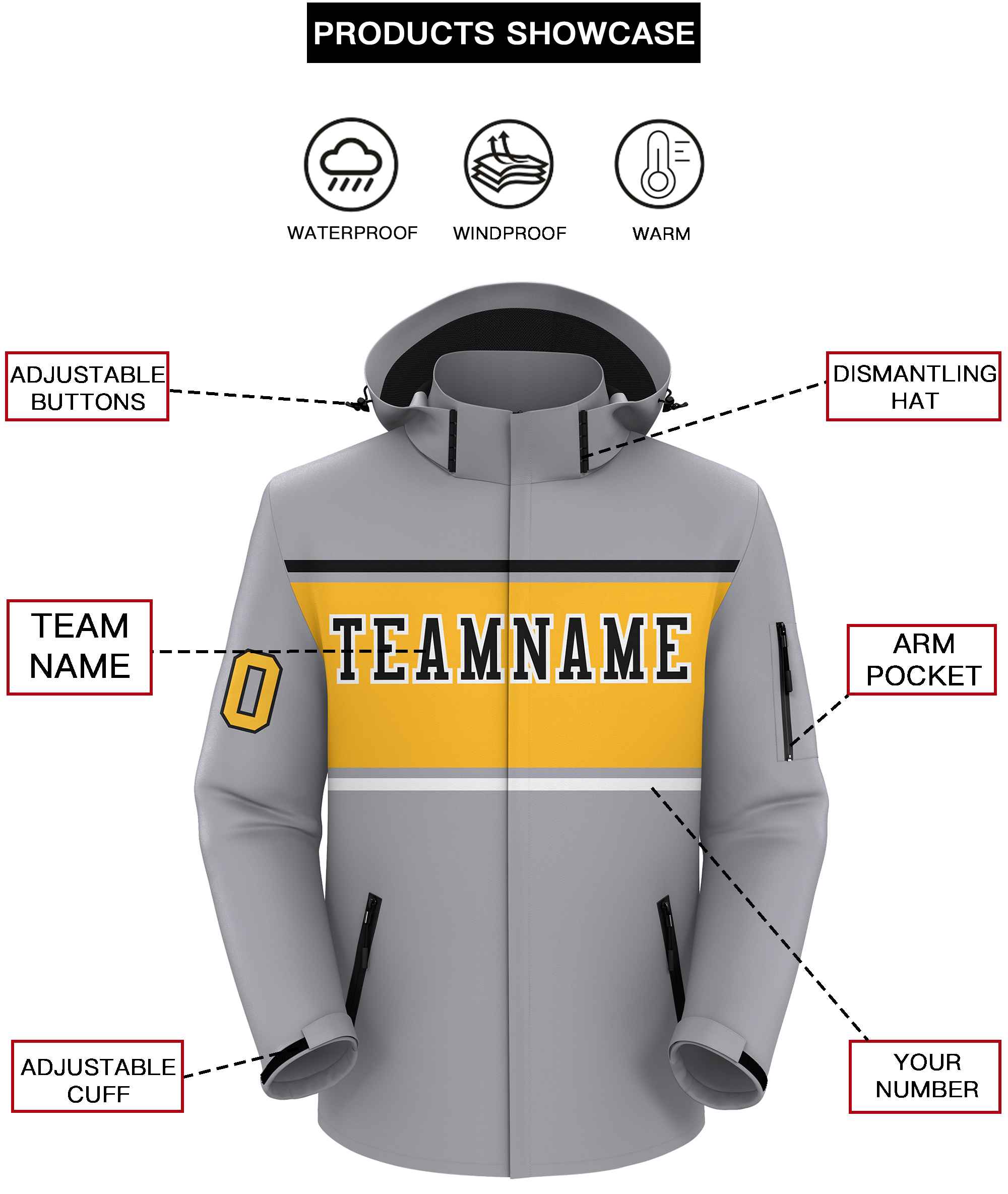 Custom Gray Black-Gold Color Block Personalized Outdoor Hooded Waterproof Jacket