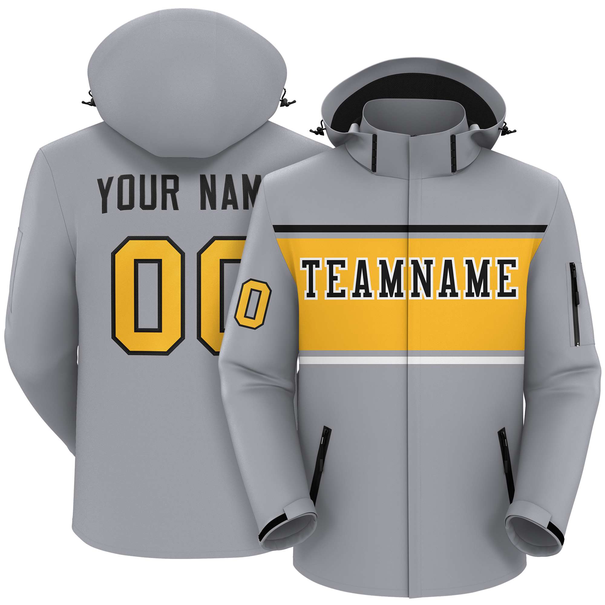 Custom Gray Black-Gold Color Block Personalized Outdoor Hooded Waterproof Jacket