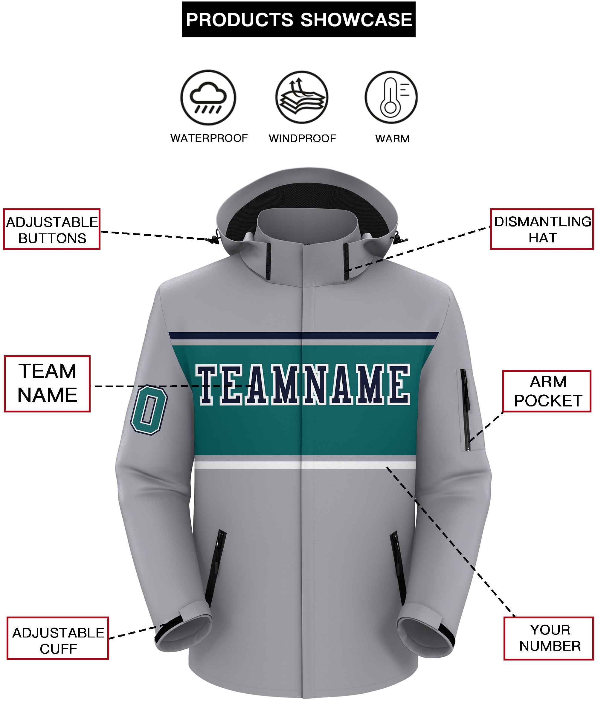 Custom Gray Navy-Aqua Color Block Personalized Outdoor Hooded Waterproof Jacket