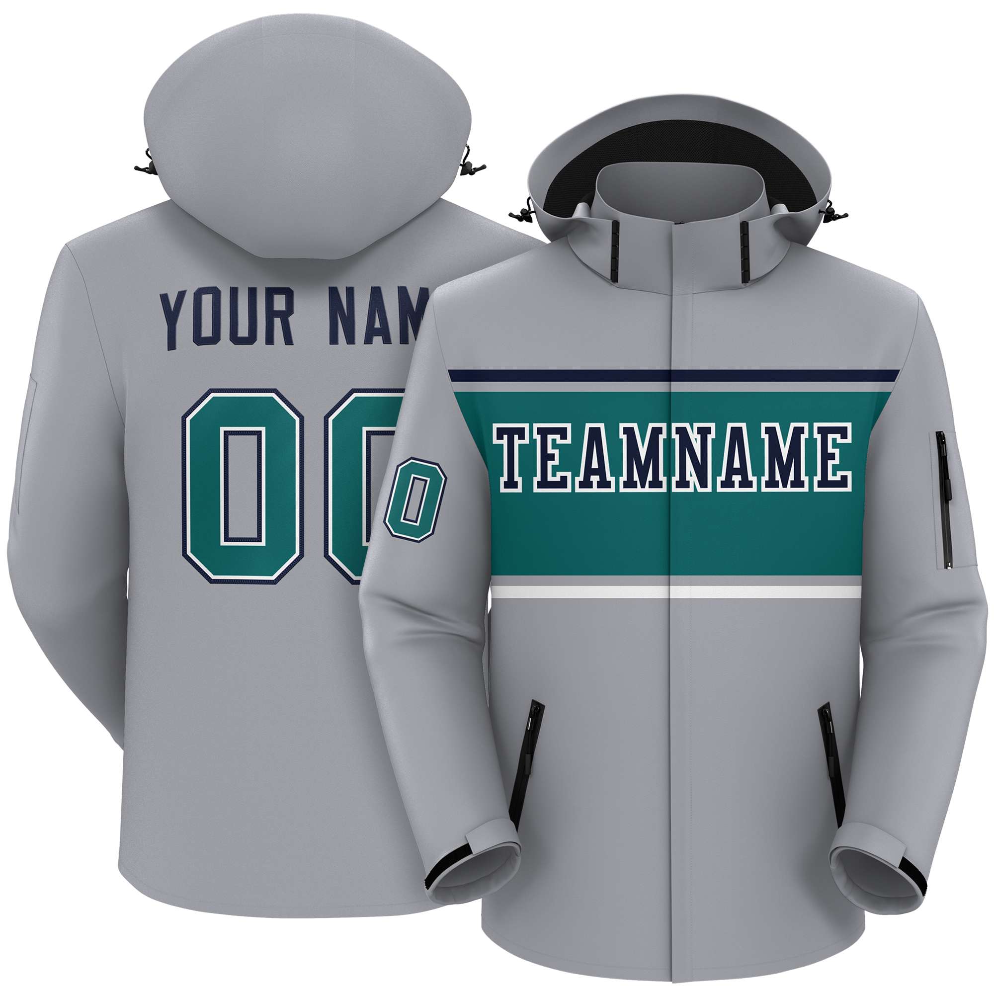 Custom Gray Navy-Aqua Color Block Personalized Outdoor Hooded Waterproof Jacket