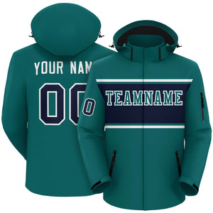 Custom Aqua White-Navy Color Block Personalized Outdoor Hooded Waterproof Jacket