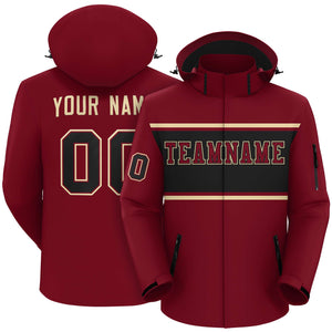 Custom Crimson Khaki-Black Color Block Personalized Outdoor Hooded Waterproof Jacket