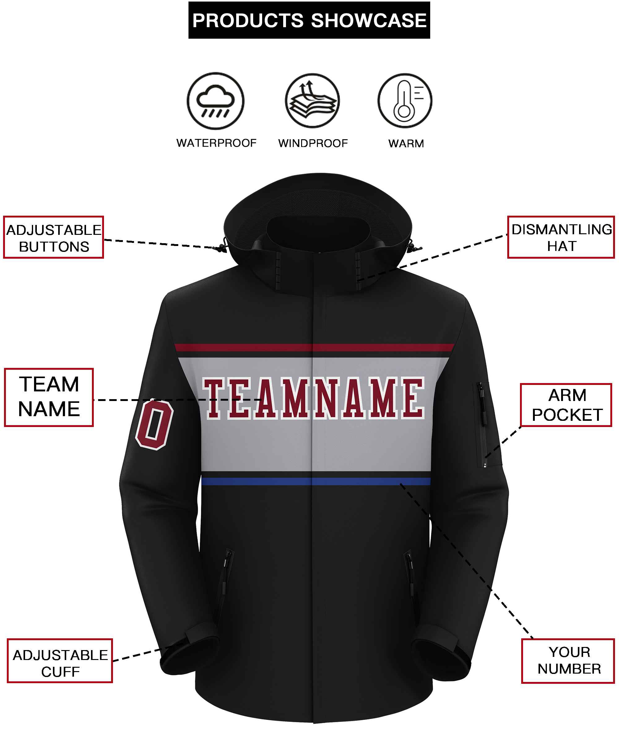 Custom Black Crimson-Gray Color Block Personalized Outdoor Hooded Waterproof Jacket