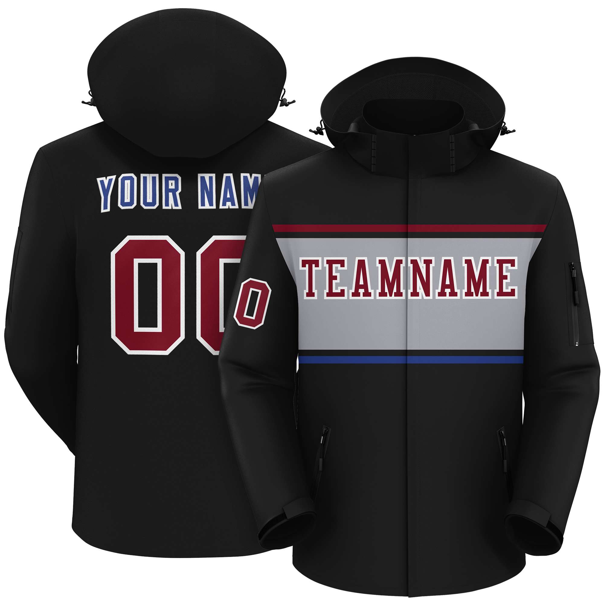 Custom Black Crimson-Gray Color Block Personalized Outdoor Hooded Waterproof Jacket