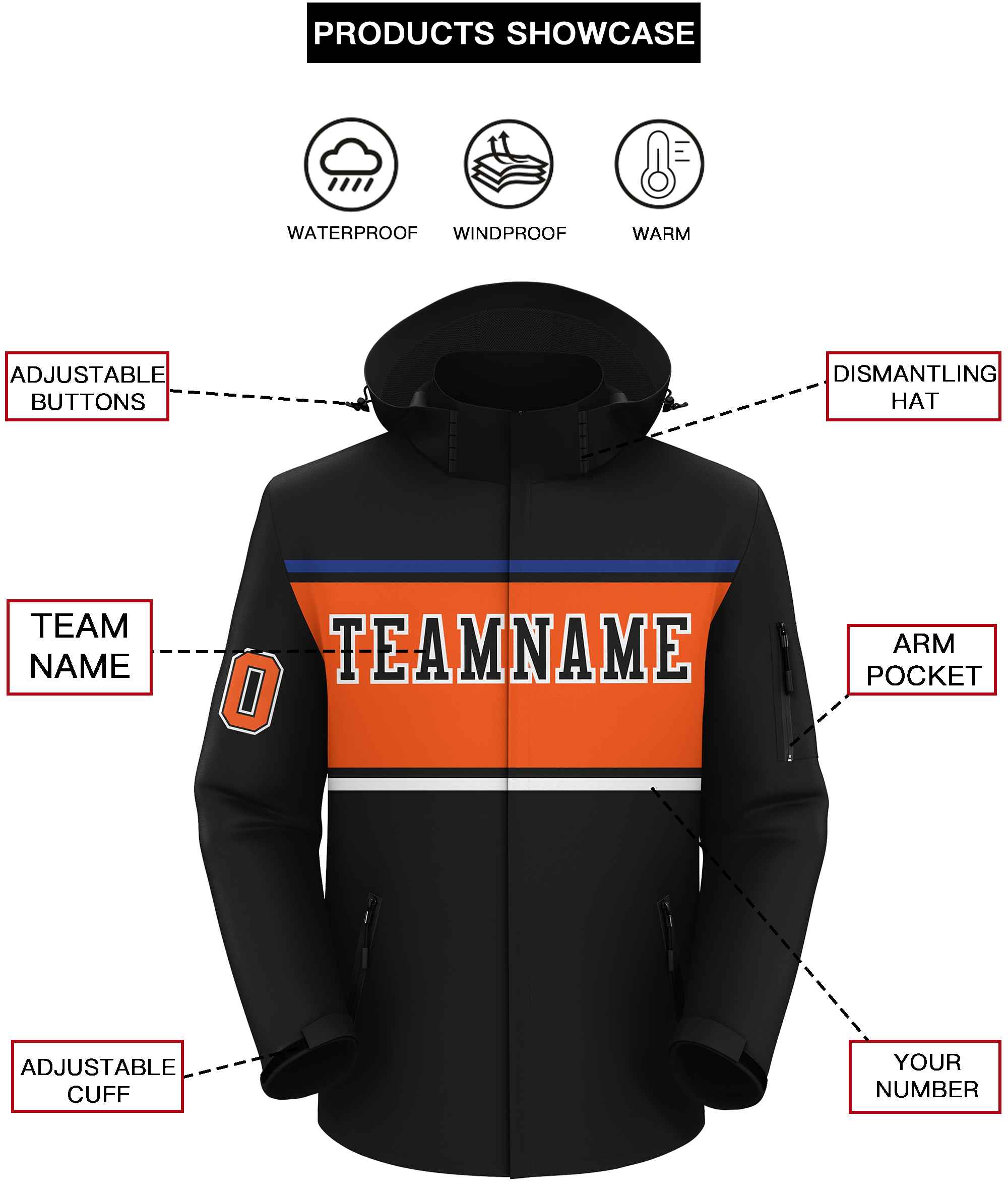 Custom Black Royal-Orange Color Block Personalized Outdoor Hooded Waterproof Jacket