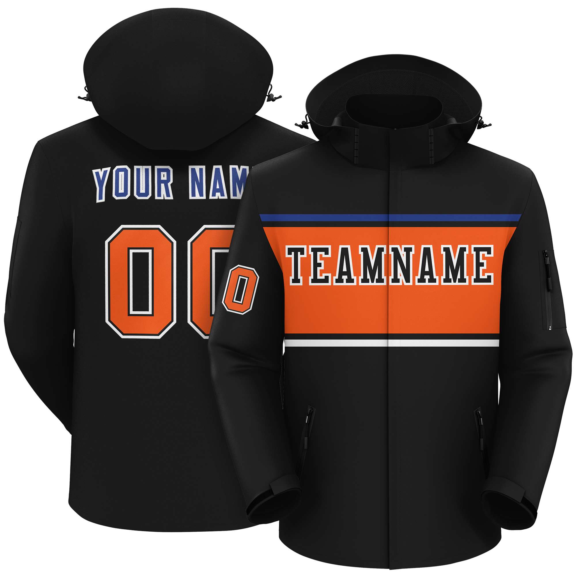 Custom Black Royal-Orange Color Block Personalized Outdoor Hooded Waterproof Jacket