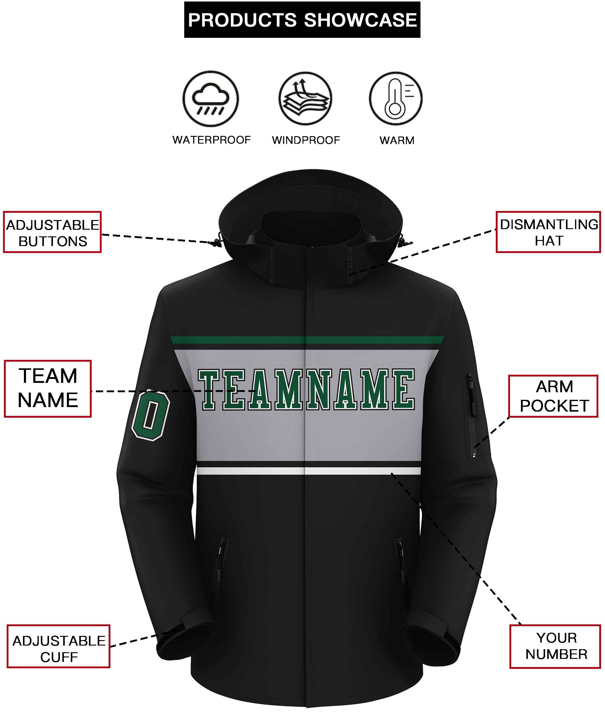 Custom Black Green-Gray Color Block Personalized Outdoor Hooded Waterproof Jacket