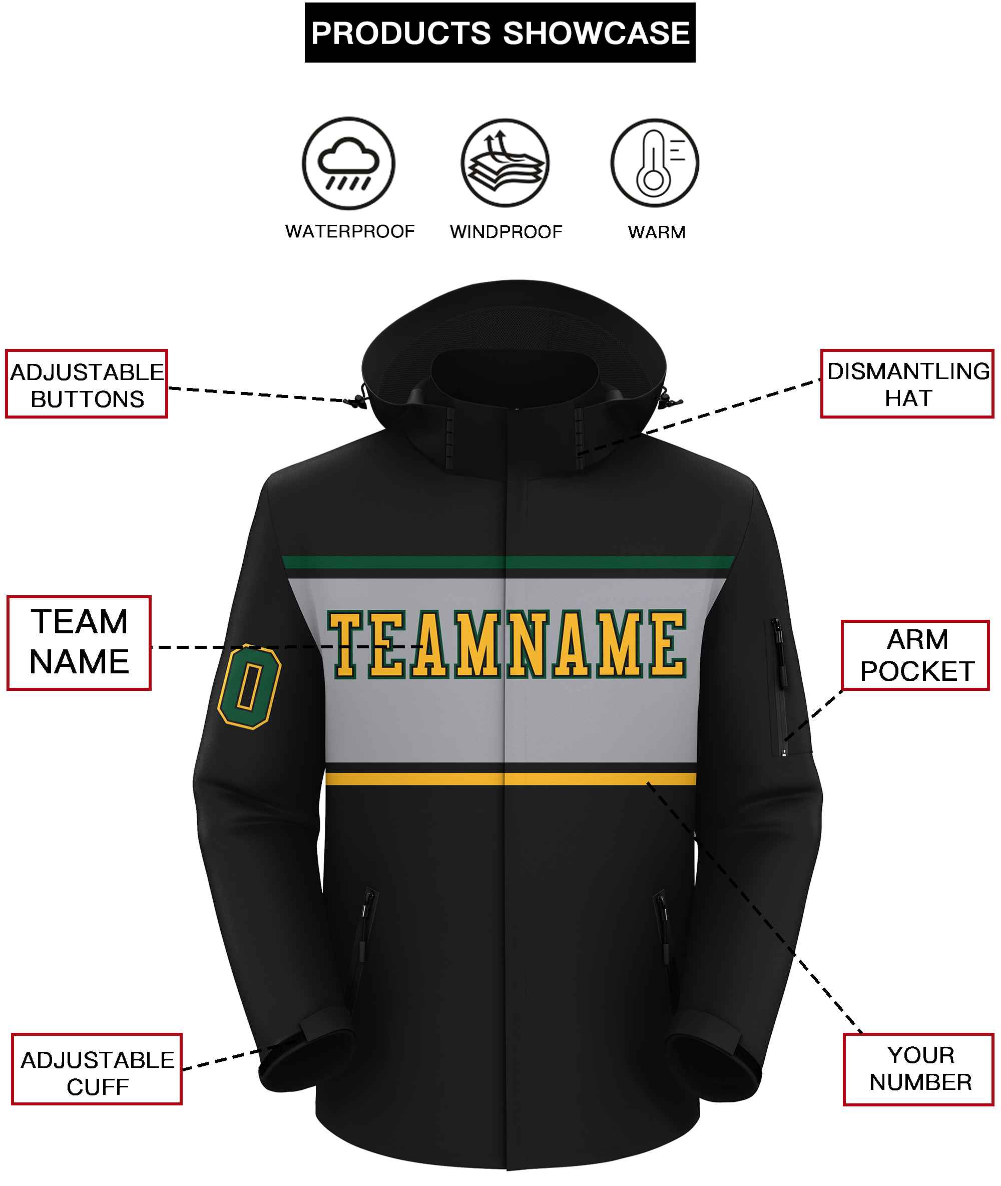 Custom Black Gold-Gray Color Block Personalized Outdoor Hooded Waterproof Jacket