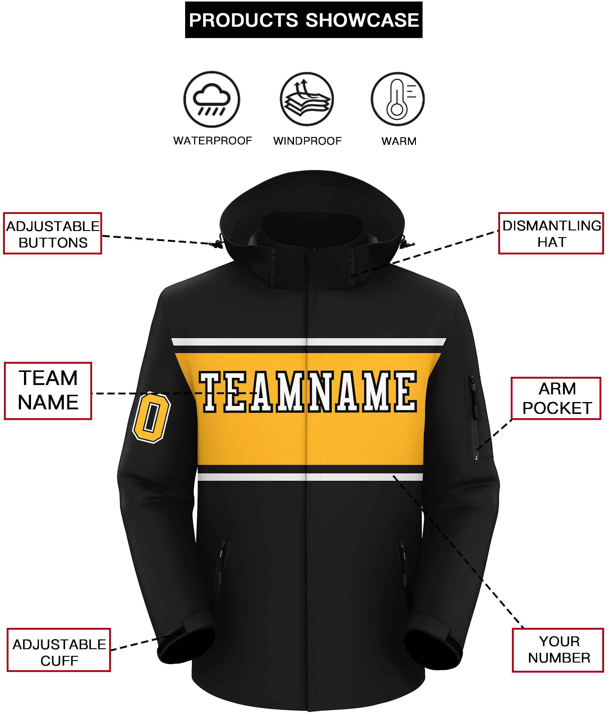 Custom Black White-Gold Color Block Personalized Outdoor Hooded Waterproof Jacket