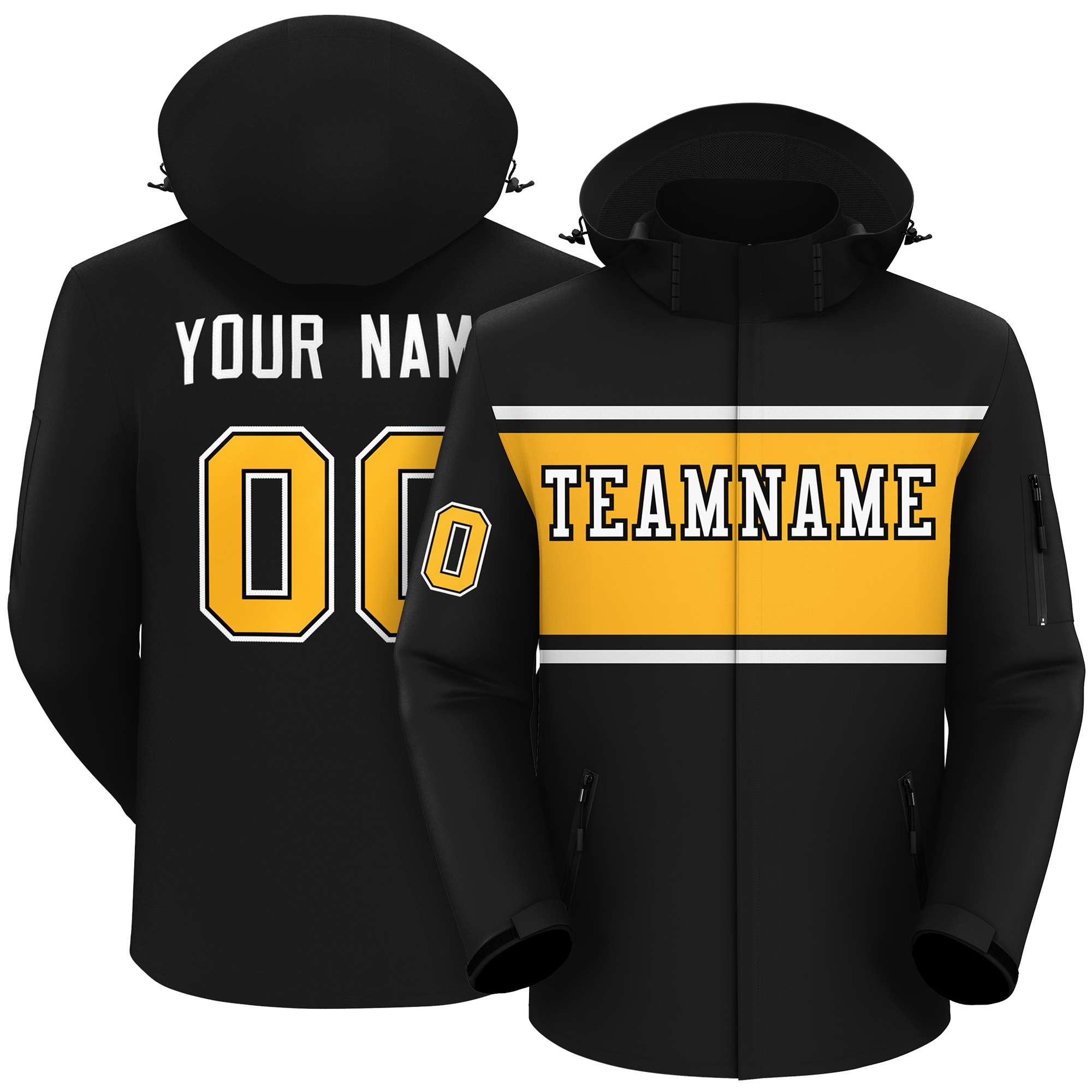 Custom Black White-Gold Color Block Personalized Outdoor Hooded Waterproof Jacket