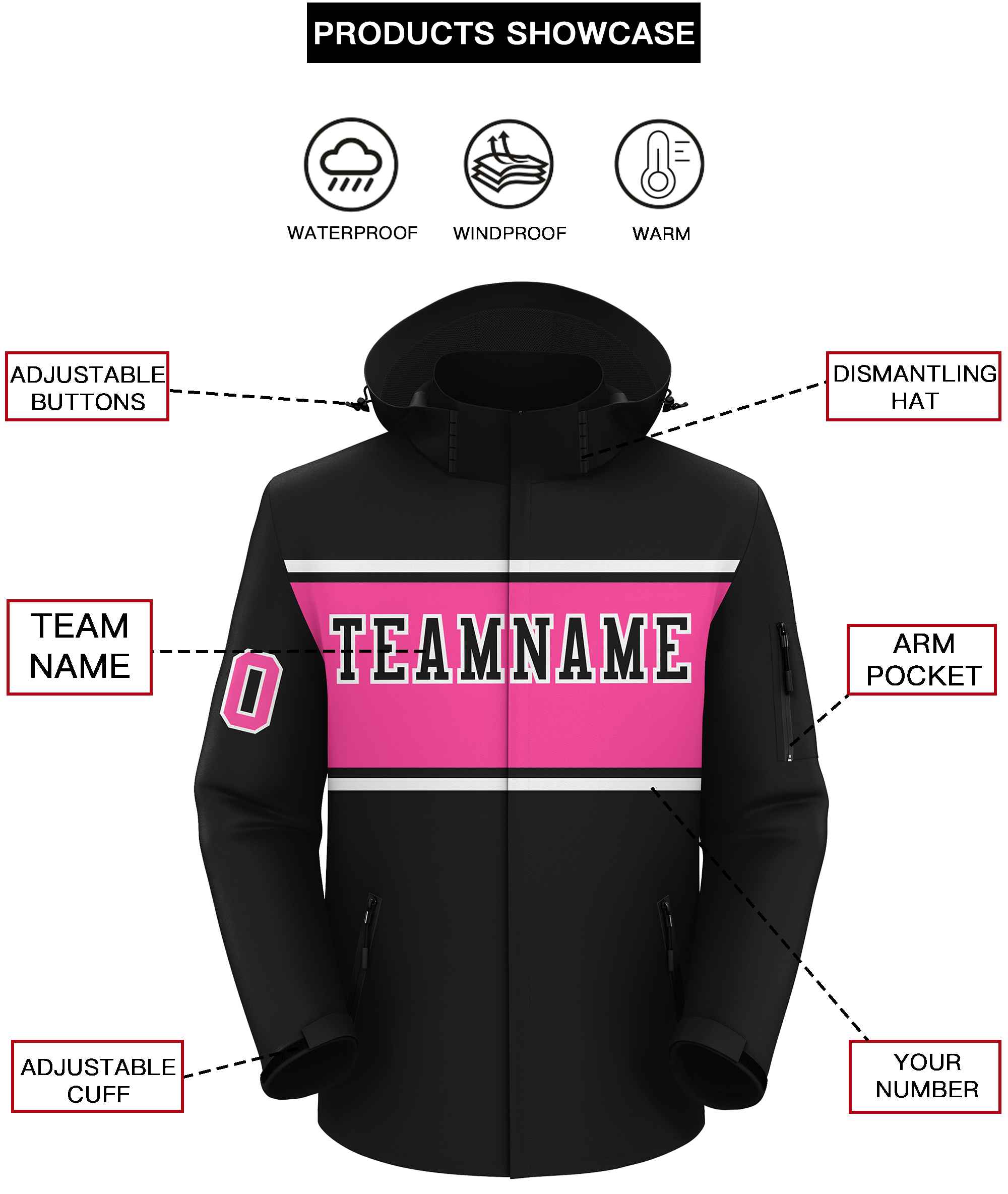 Custom Black White-Pink Color Block Personalized Outdoor Hooded Waterproof Jacket