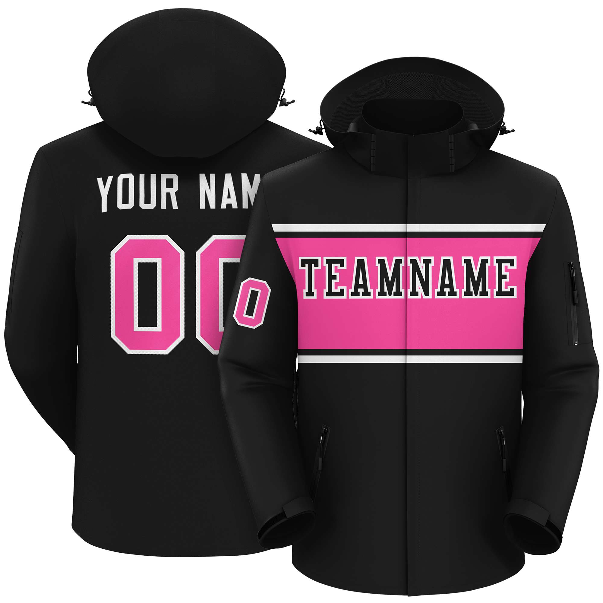 Custom Black White-Pink Color Block Personalized Outdoor Hooded Waterproof Jacket