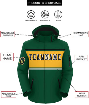 Custom Green Black-Gold Color Block Personalized Outdoor Hooded Waterproof Jacket