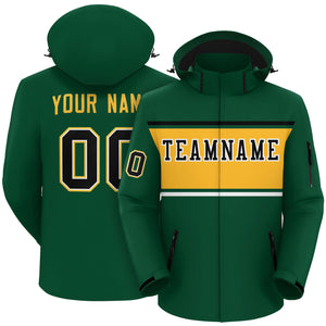 Custom Green Black-Gold Color Block Personalized Outdoor Hooded Waterproof Jacket