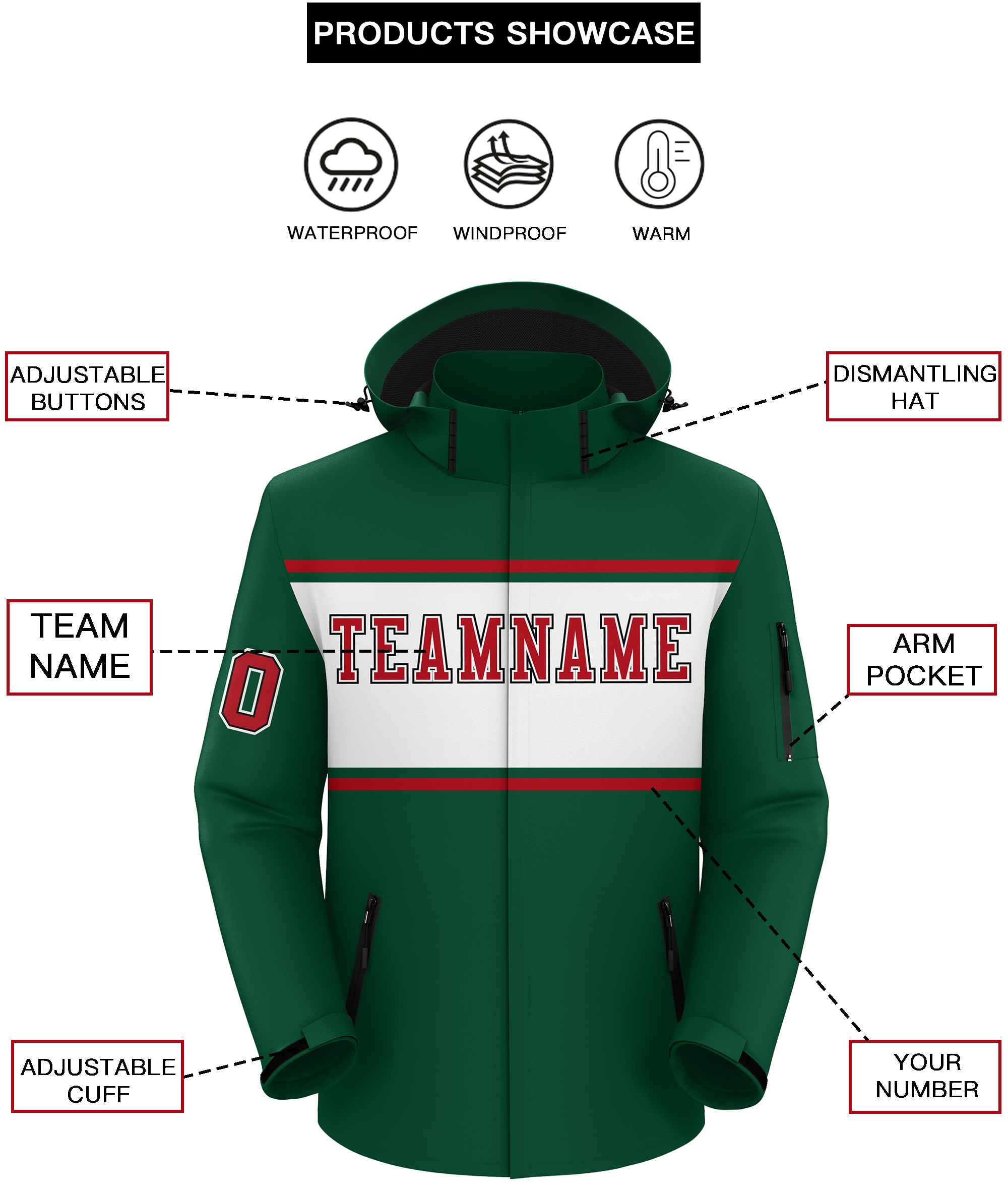 Custom Green Red-White Color Block Personalized Outdoor Hooded Waterproof Jacket