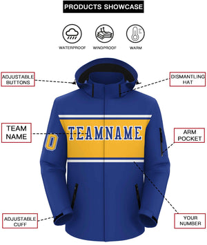 Custom Royal White-Gold Color Block Personalized Outdoor Hooded Waterproof Jacket