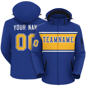 Custom Royal White-Gold Color Block Personalized Outdoor Hooded Waterproof Jacket