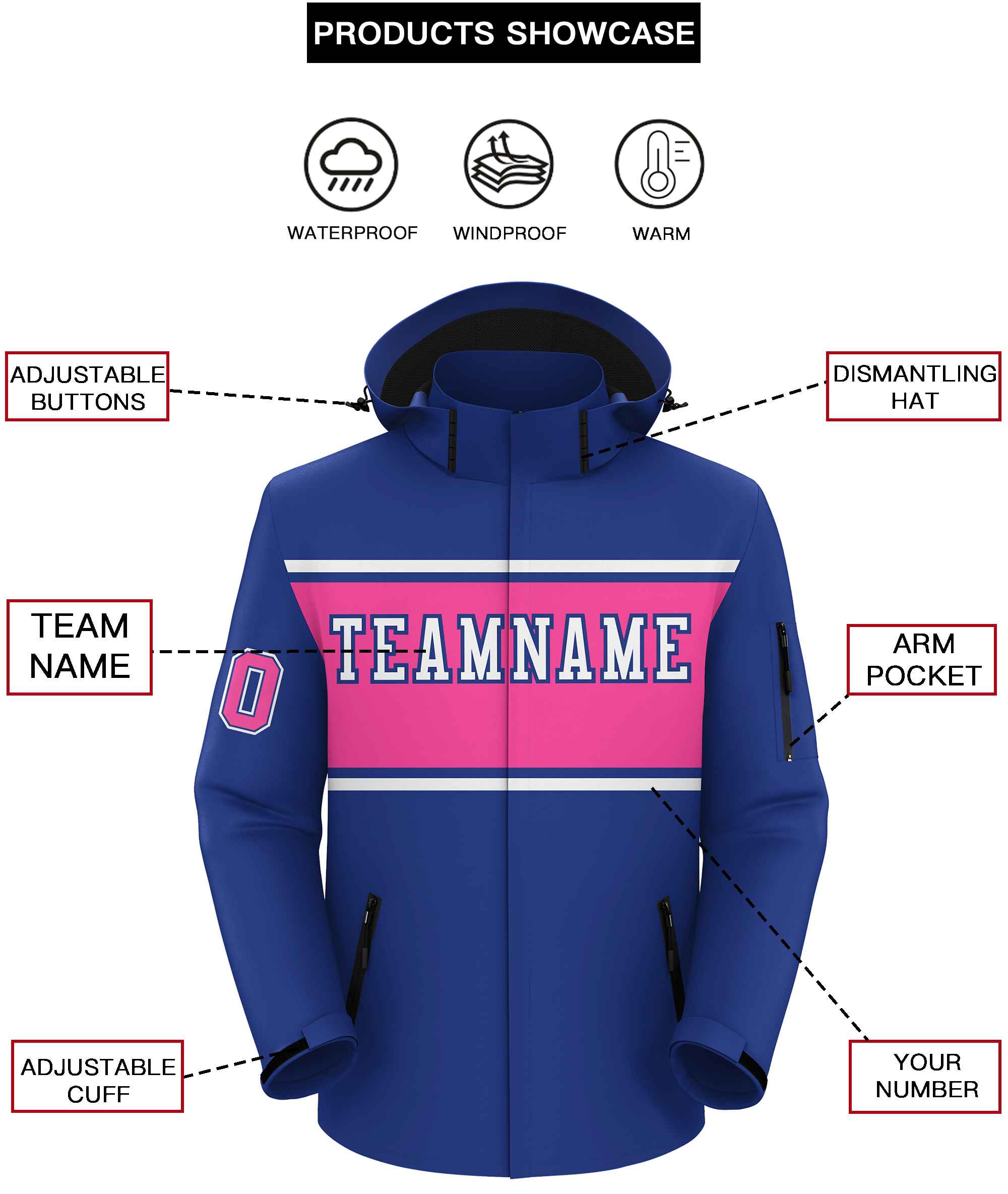 Custom Royal White-Pink Color Block Personalized Outdoor Hooded Waterproof Jacket