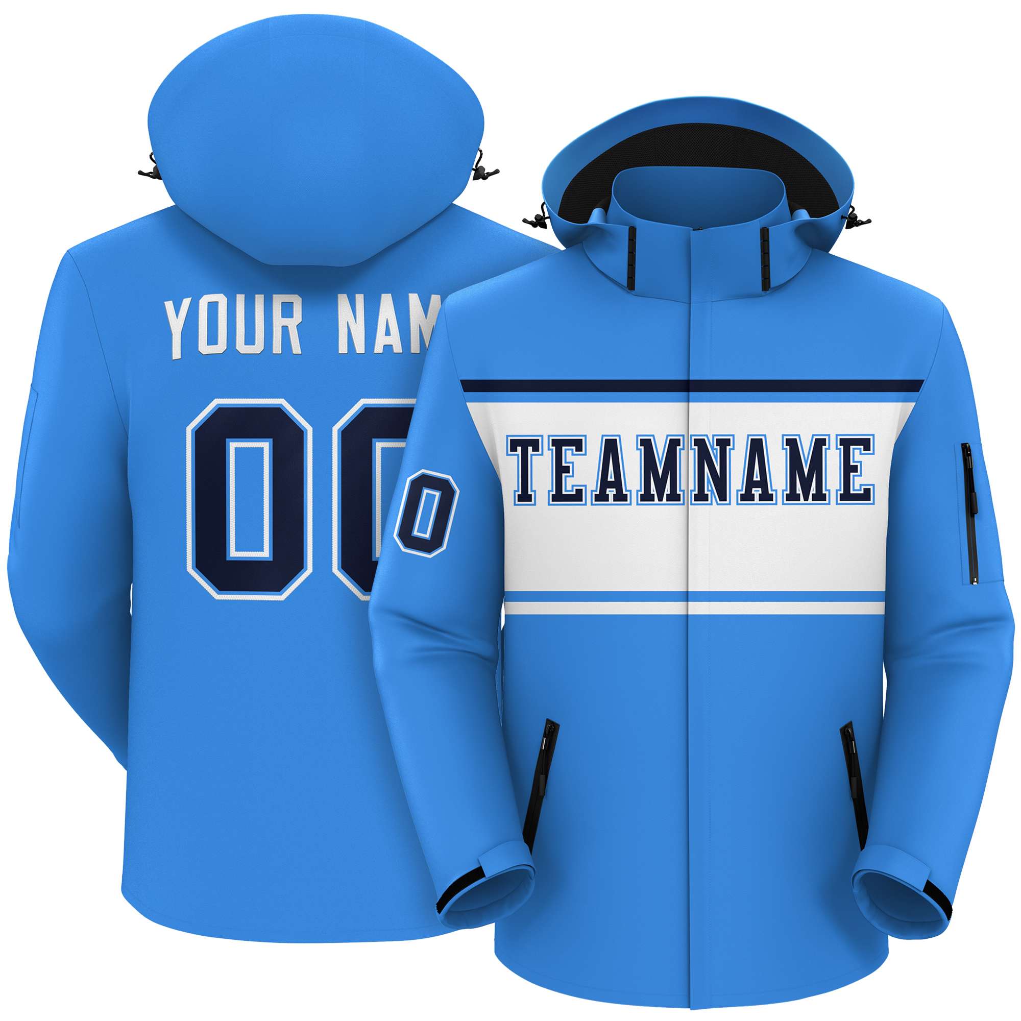 Custom Powder Blue Black-White Color Block Personalized Outdoor Hooded Waterproof Jacket