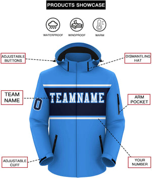 Custom Powder Blue White-Navy Color Block Personalized Outdoor Hooded Waterproof Jacket