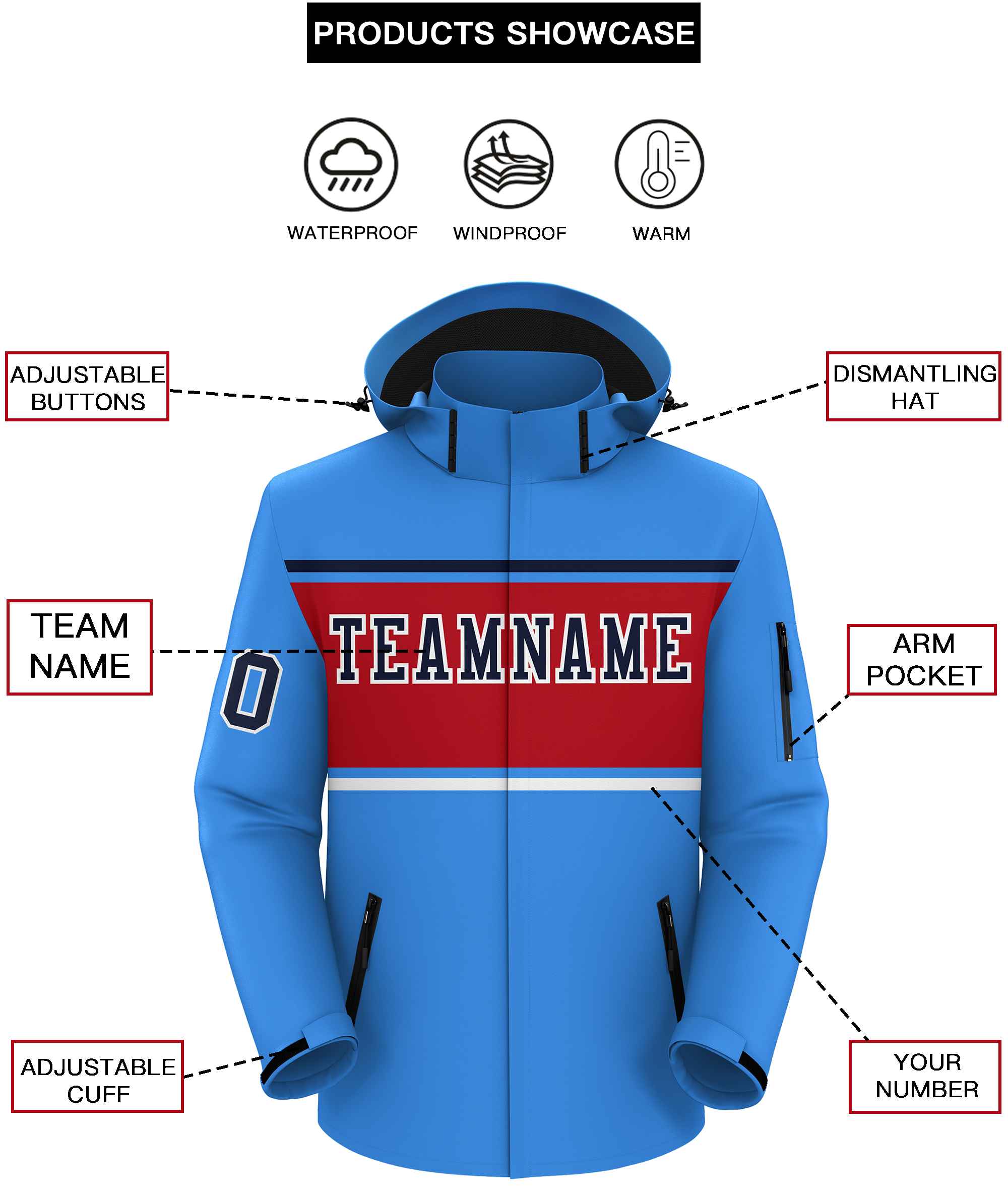 Custom Powder Blue Navy-Red Color Block Personalized Outdoor Hooded Waterproof Jacket