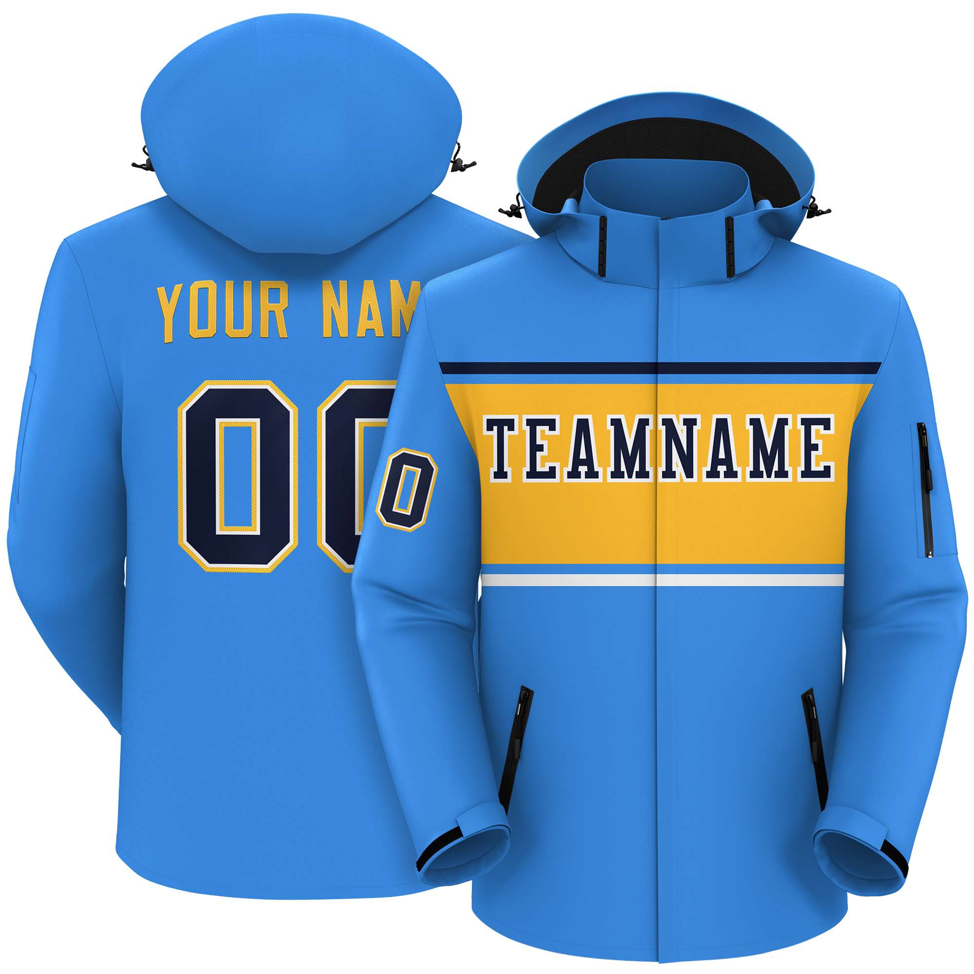 Custom Powder Blue Navy-Gold Color Block Personalized Outdoor Hooded Waterproof Jacket