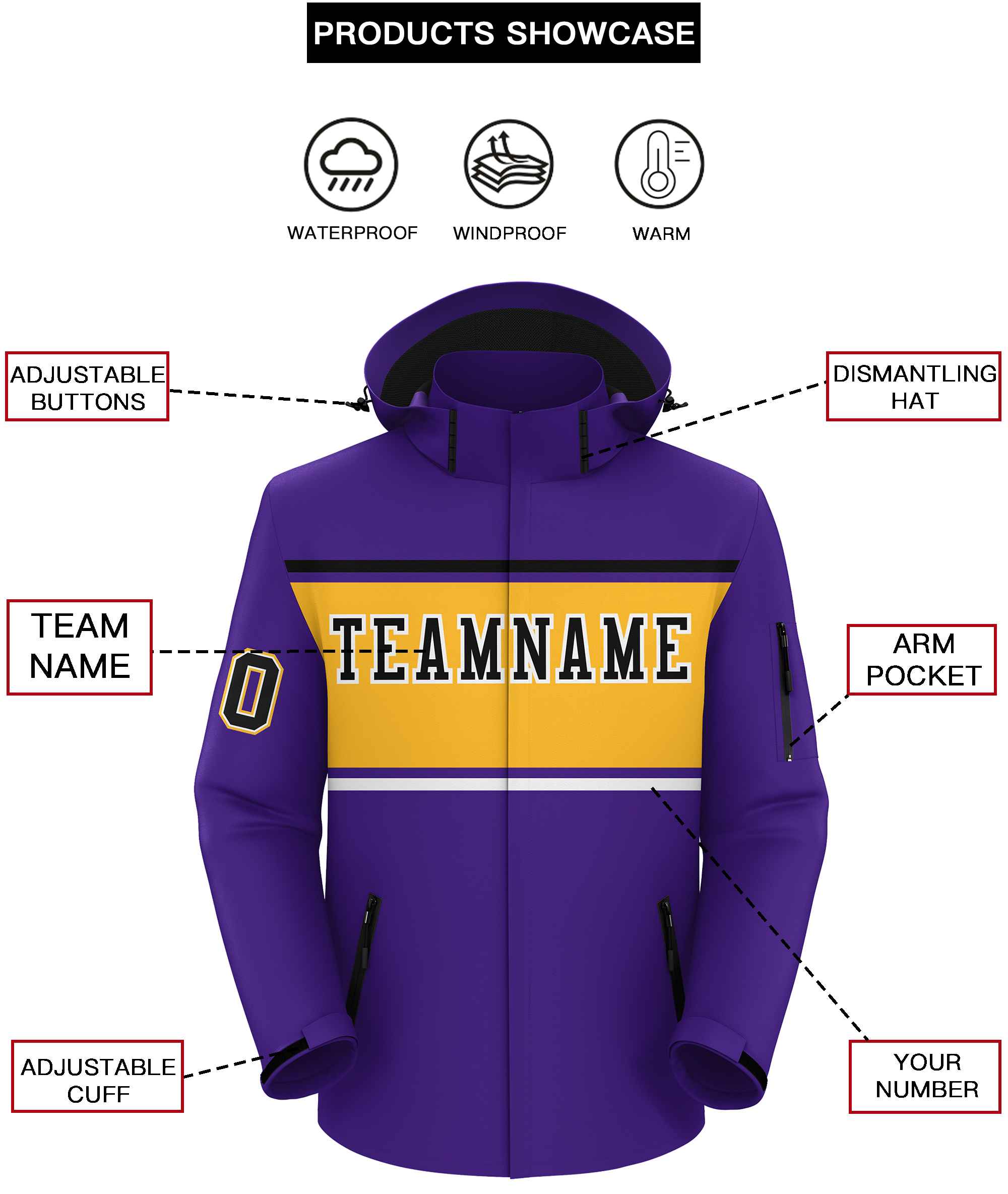 Custom Purple Black-Gold Color Block Personalized Outdoor Hooded Waterproof Jacket