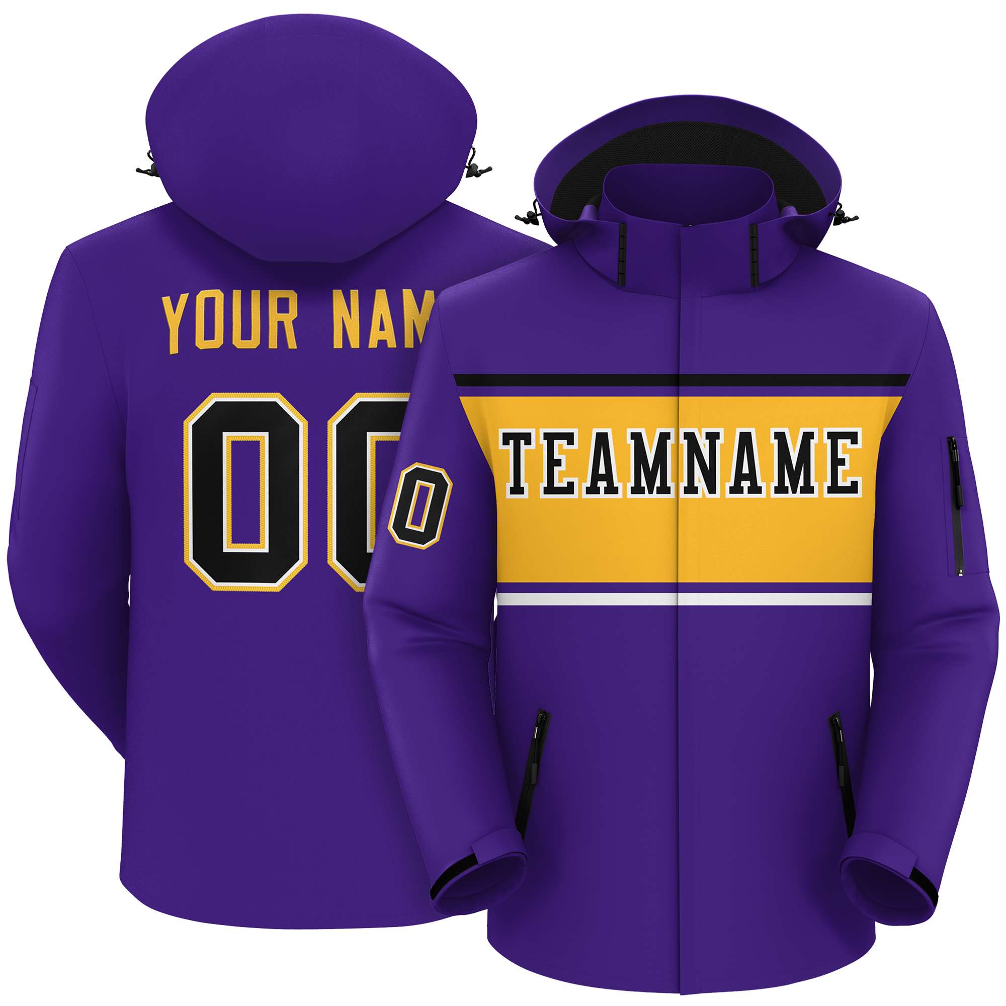 Custom Purple Black-Gold Color Block Personalized Outdoor Hooded Waterproof Jacket