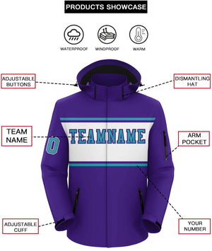 Custom Purple Aqua-White Color Block Personalized Outdoor Hooded Waterproof Jacket