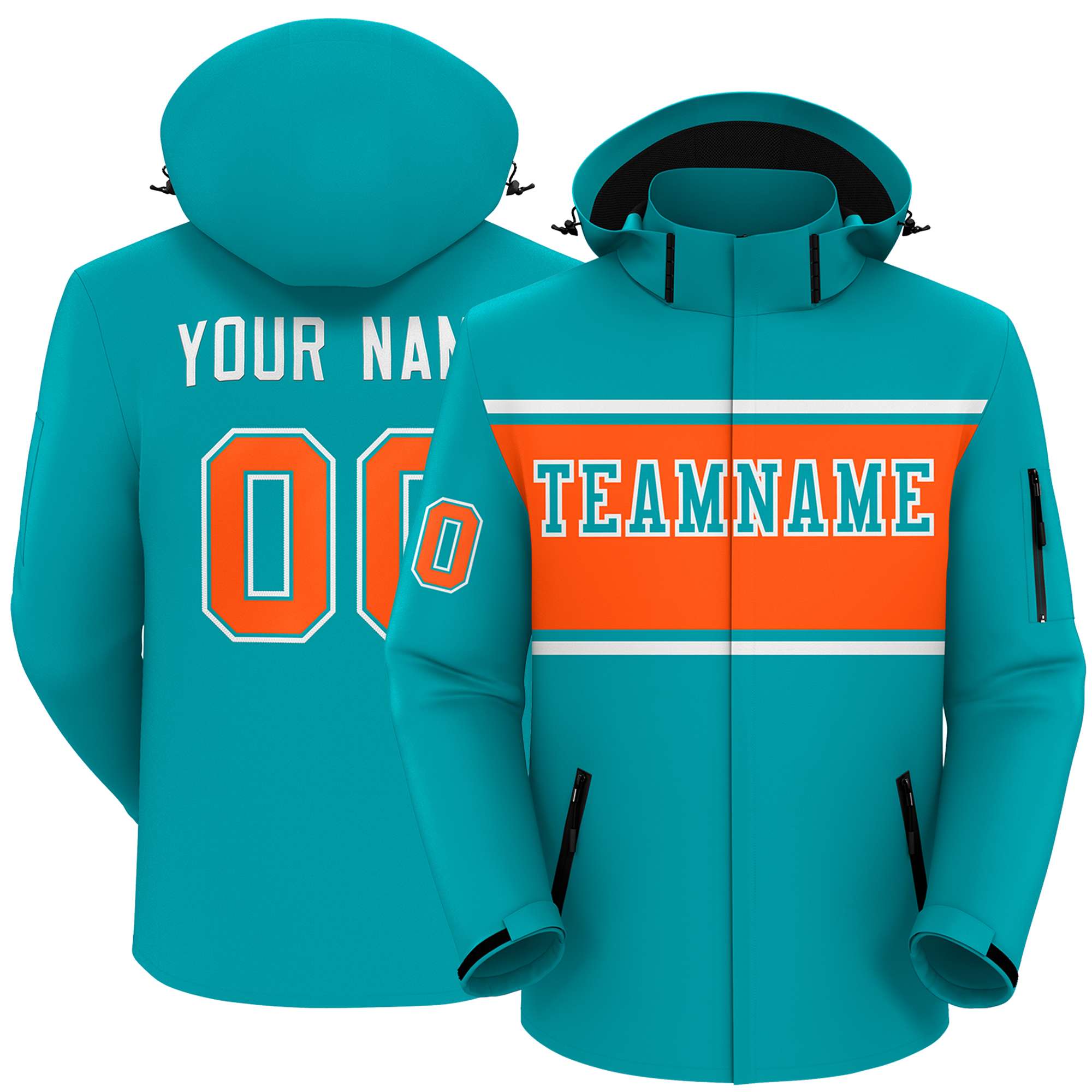 Custom Aqua White-Orange Color Block Personalized Outdoor Hooded Waterproof Jacket