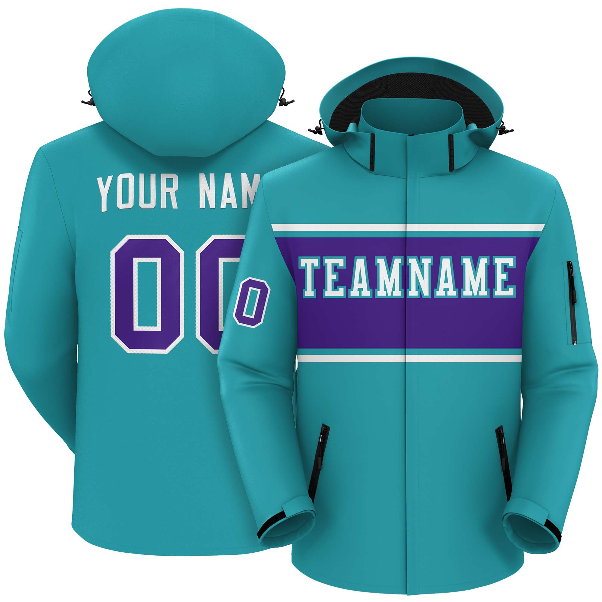 Custom Aqua White-Purple Color Block Personalized Outdoor Hooded Waterproof Jacket