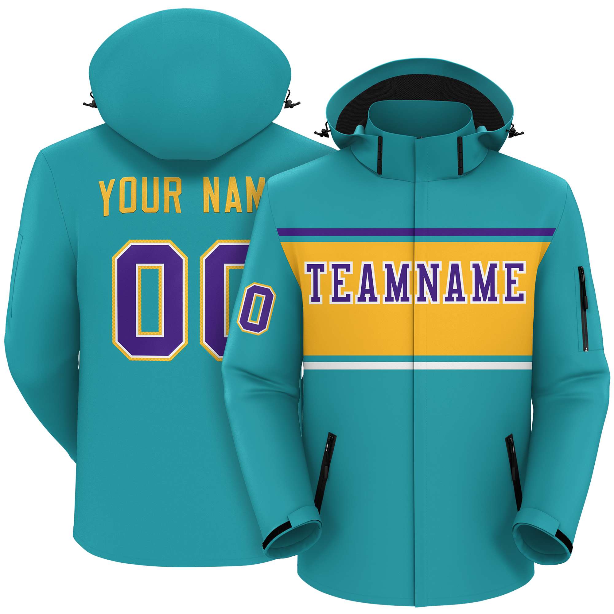 Custom Aqua Purple-Gold Color Block Personalized Outdoor Hooded Waterproof Jacket