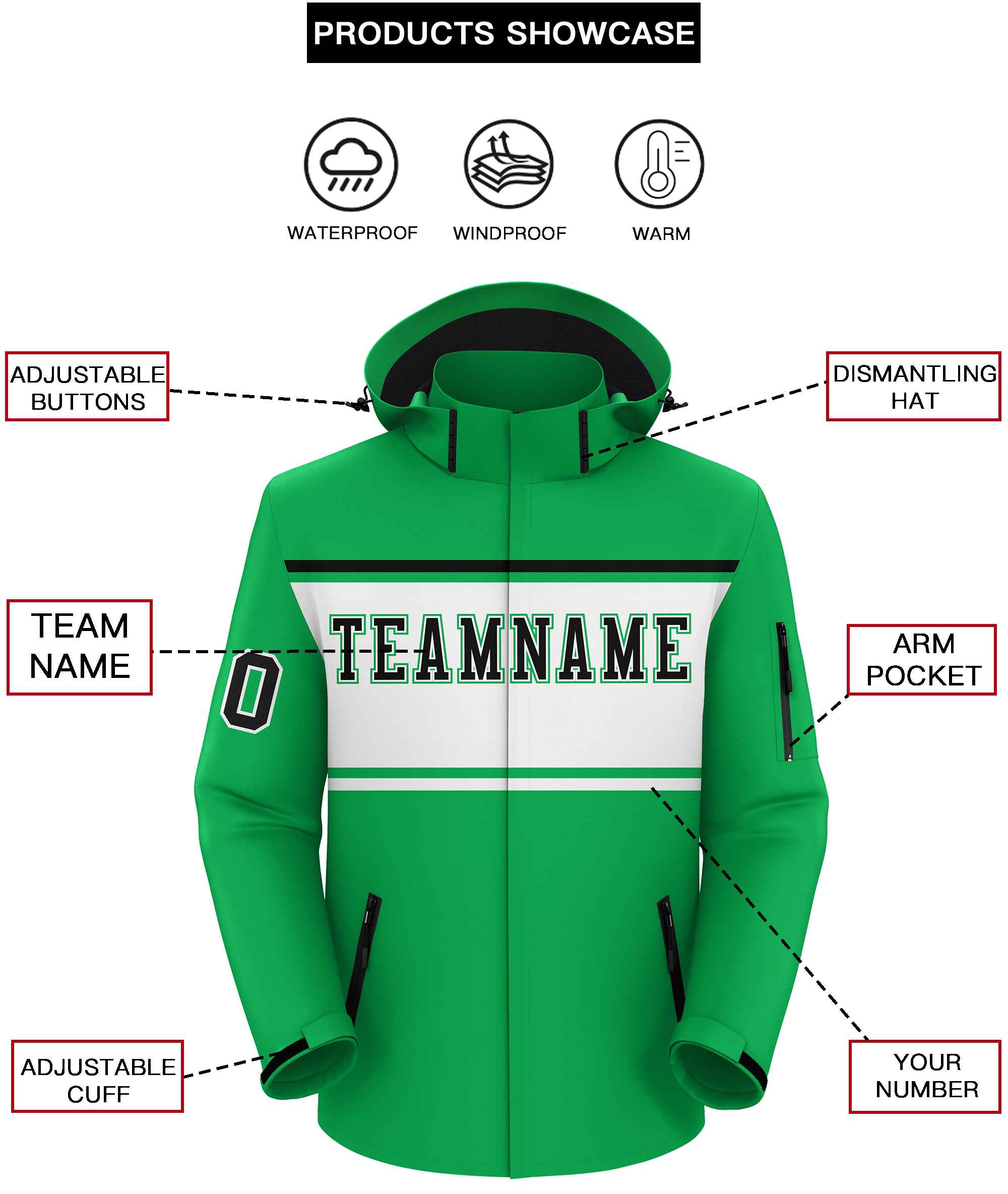 Custom Kelly Green Black-White Color Block Personalized Outdoor Hooded Waterproof Jacket