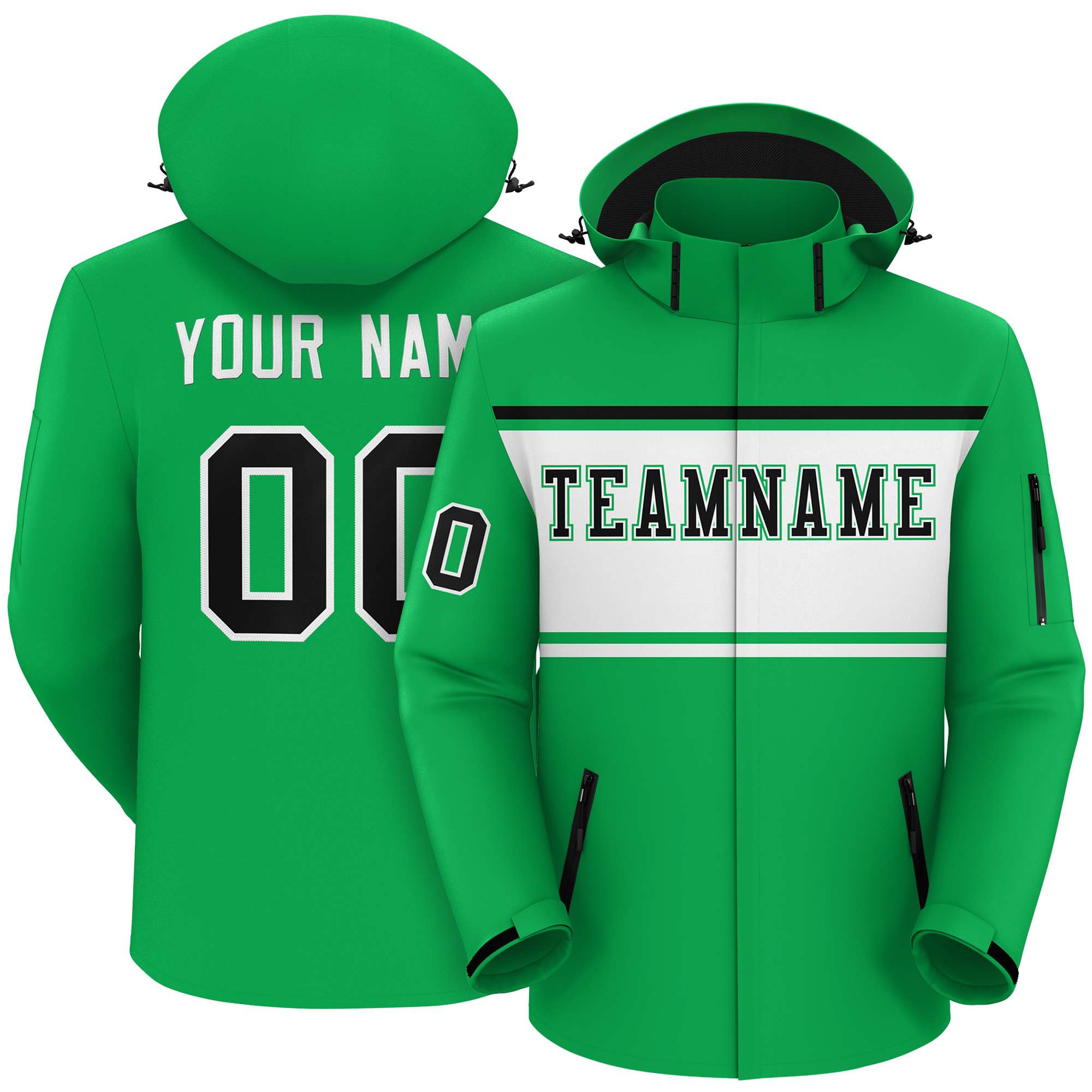 Custom Kelly Green Black-White Color Block Personalized Outdoor Hooded Waterproof Jacket