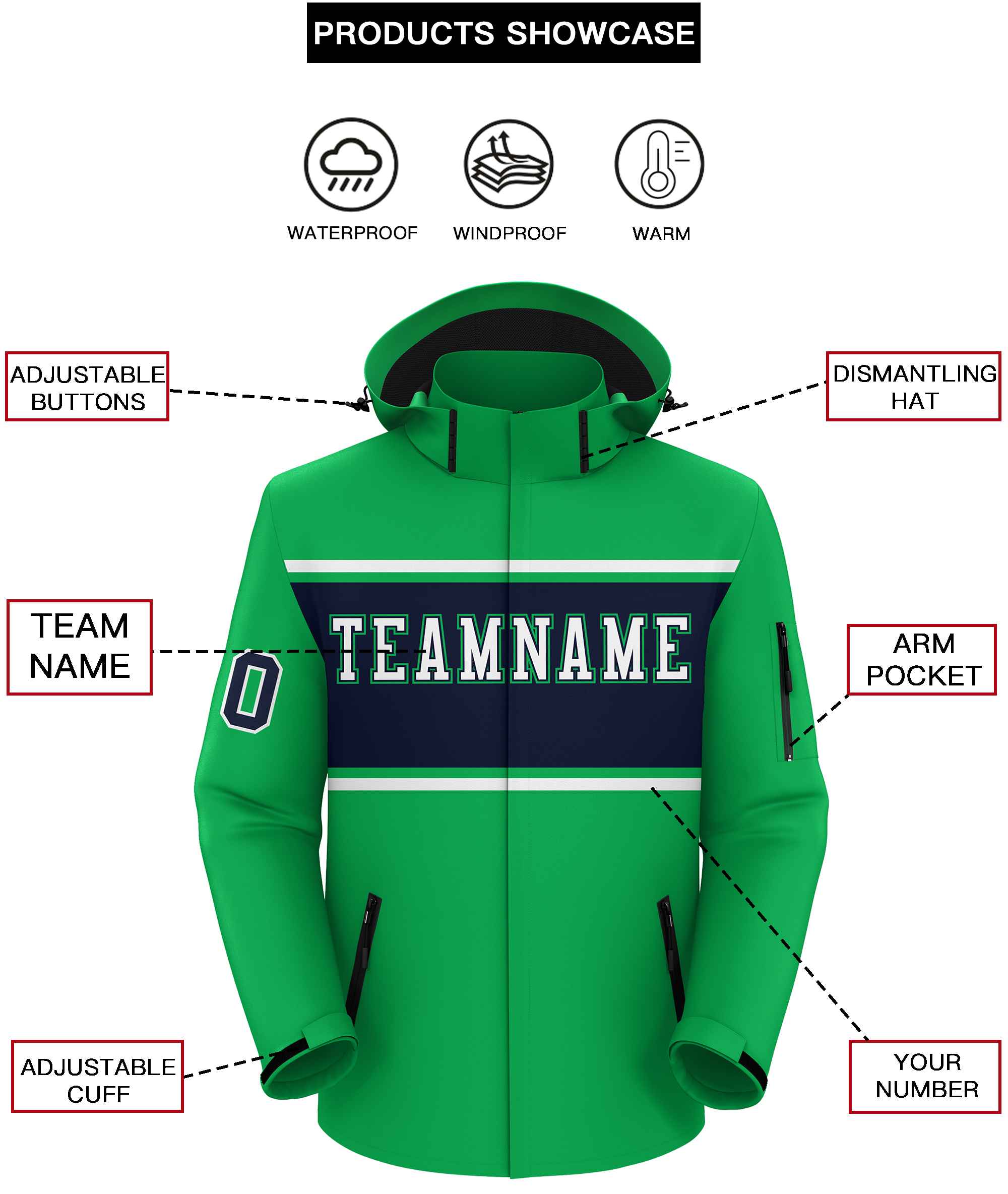 Custom Kelly Green White-Navy Color Block Personalized Outdoor Hooded Waterproof Jacket