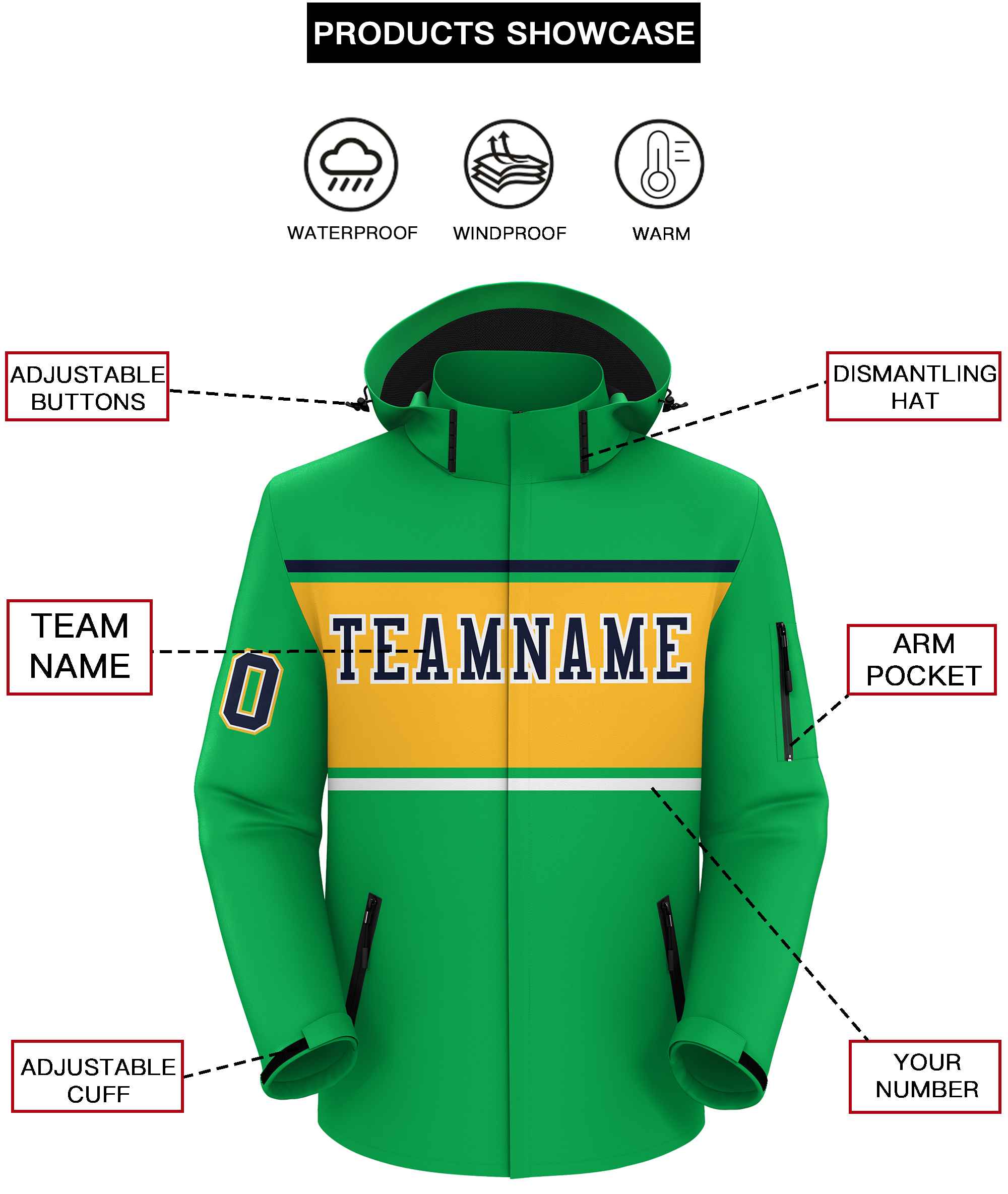 Custom Kelly Green Navy-Gold Color Block Personalized Outdoor Hooded Waterproof Jacket