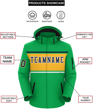 Custom Kelly Green Navy-Gold Color Block Personalized Outdoor Hooded Waterproof Jacket