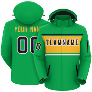 Custom Kelly Green Navy-Gold Color Block Personalized Outdoor Hooded Waterproof Jacket