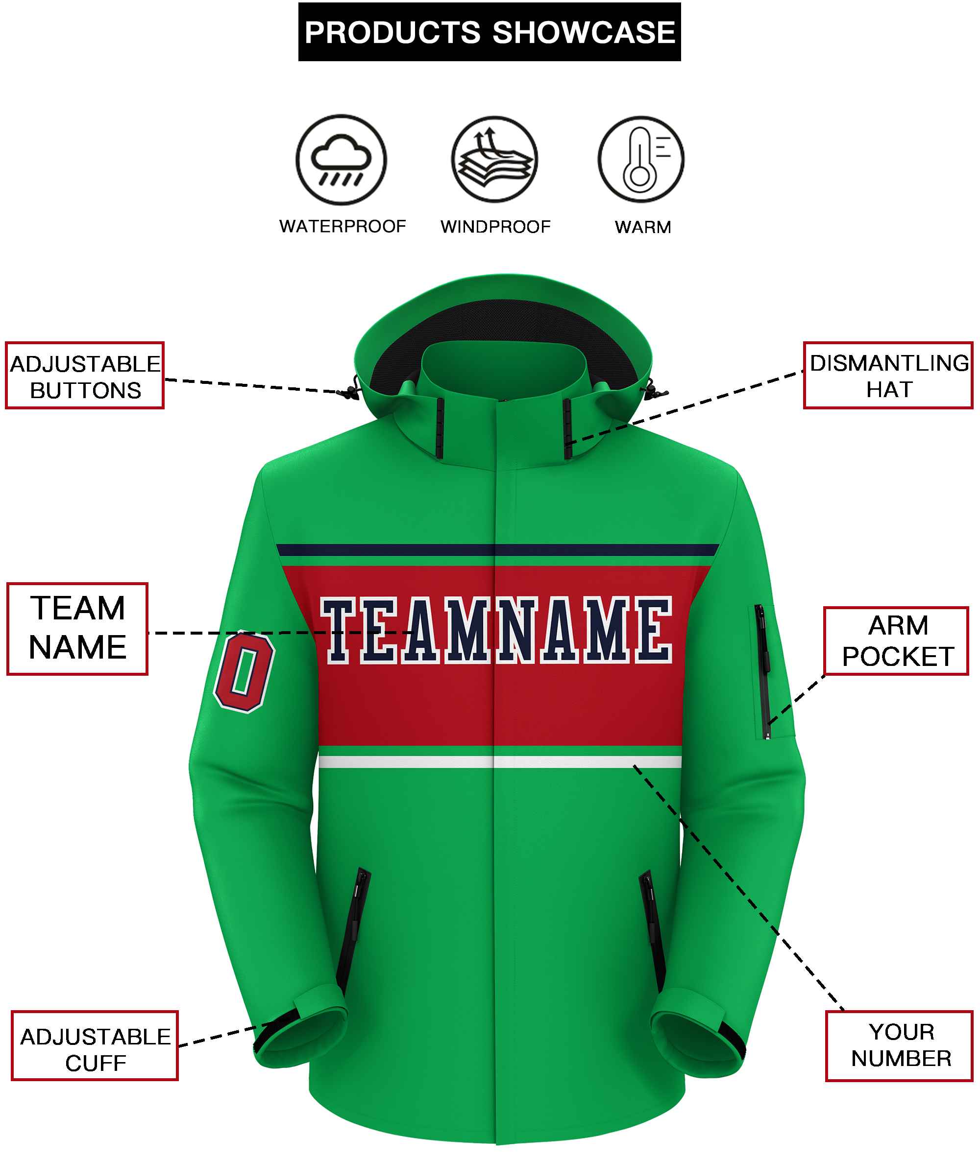 Custom Kelly Green Navy-Red Color Block Personalized Outdoor Hooded Waterproof Jacket