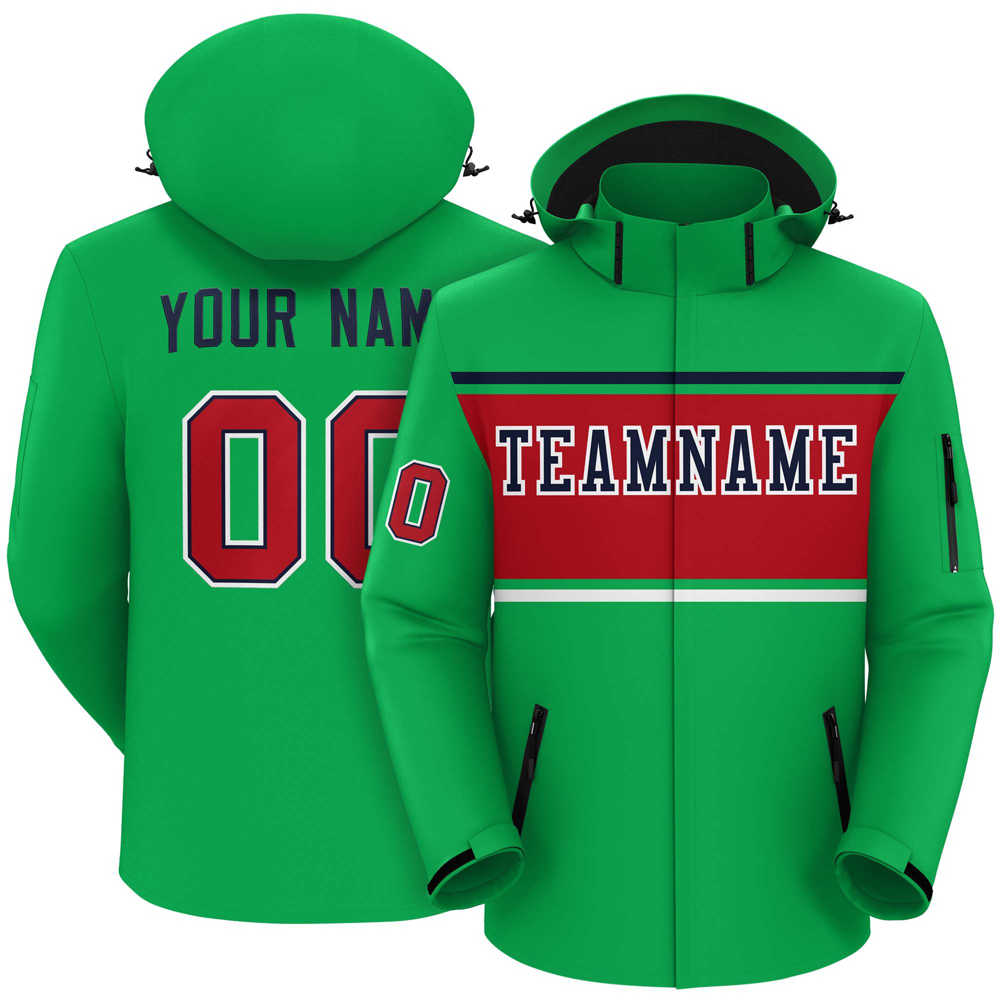 Custom Kelly Green Navy-Red Color Block Personalized Outdoor Hooded Waterproof Jacket