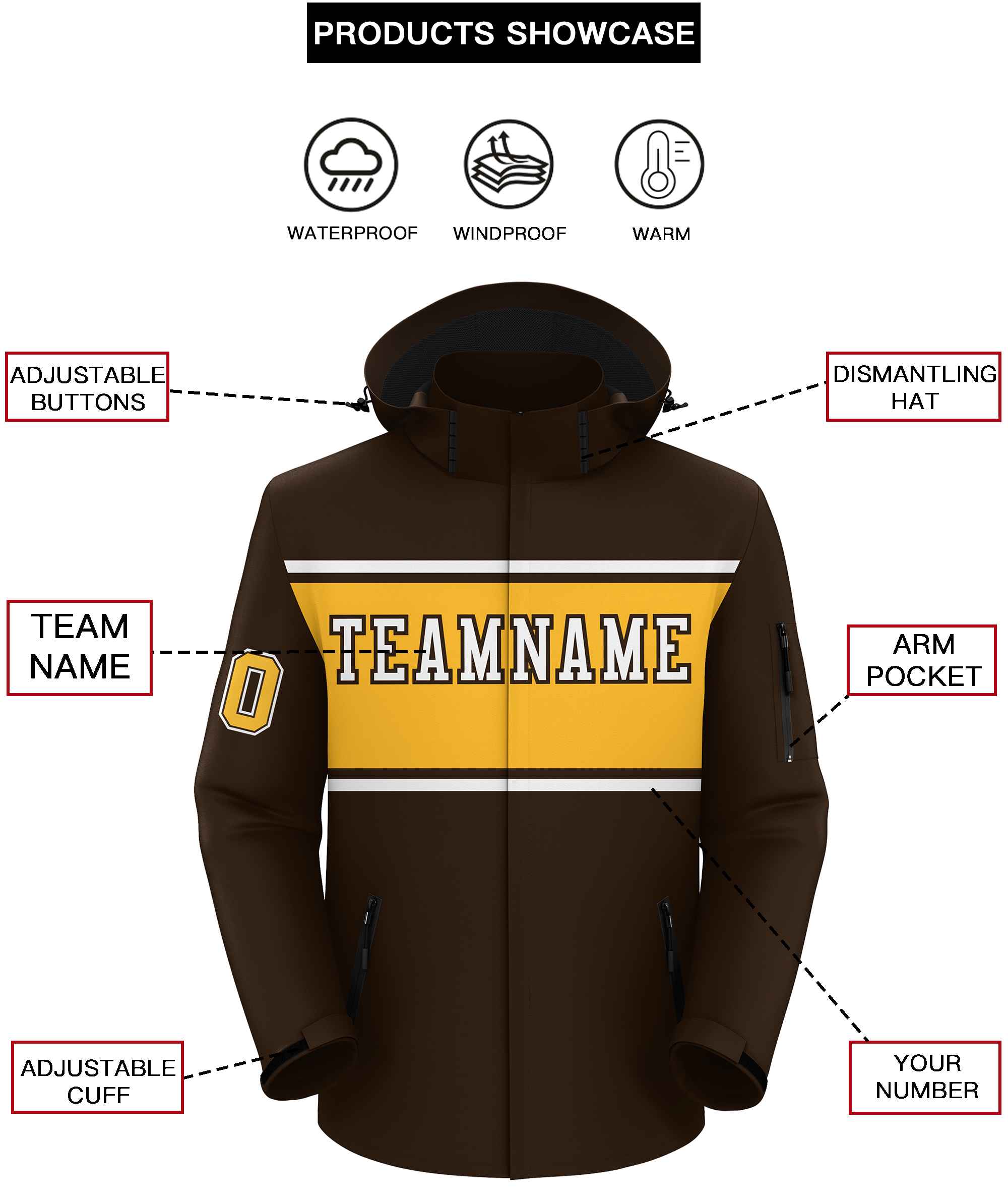 Custom Brown White-Gold Color Block Personalized Outdoor Hooded Waterproof Jacket