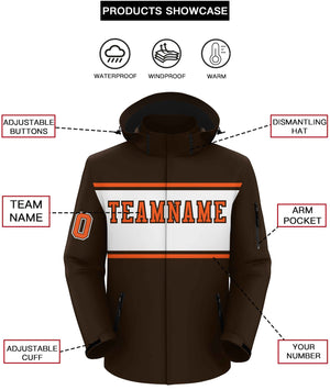 Custom Brown Orange-White Color Block Personalized Outdoor Hooded Waterproof Jacket