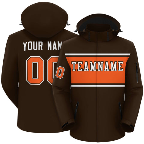 Custom Brown White-Orange Color Block Personalized Outdoor Hooded Waterproof Jacket