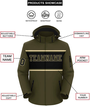 Custom Olive Khaki-Black Color Block Personalized Outdoor Hooded Waterproof Jacket