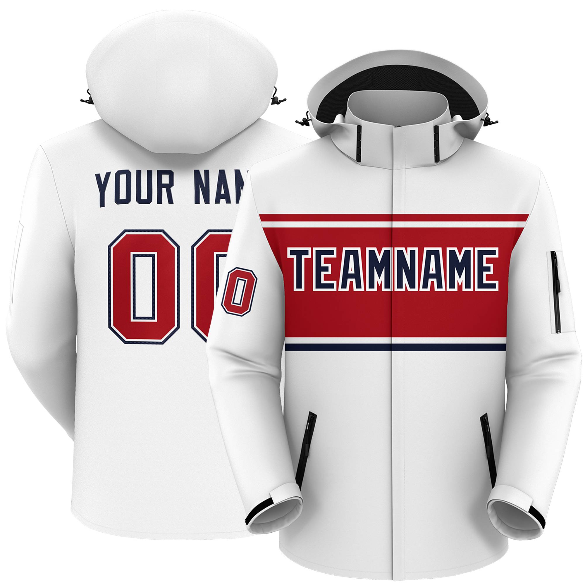 Custom White Red-Navy Color Block Personalized Outdoor Hooded Waterproof Jacket